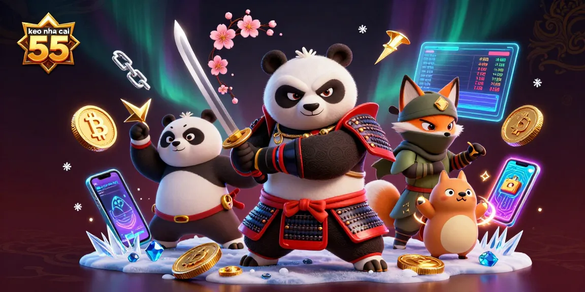 Engage with keo nha cai 55 in an action-packed illustration of a samurai panda and ninja fox.