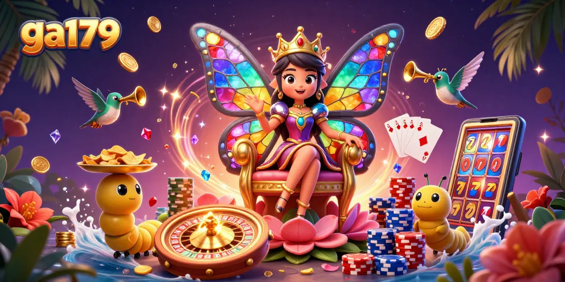 Engage with ga179 in vibrant casino magic featuring a butterfly queen and gold chips.