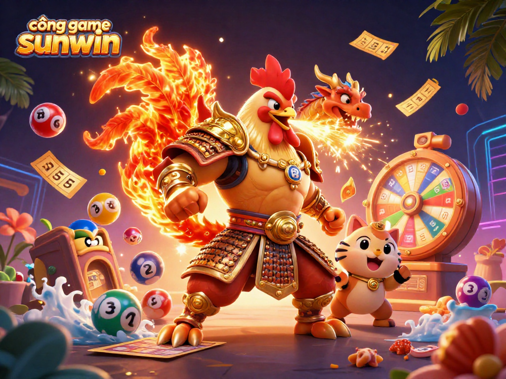 Engage with cổng game sunwin's vibrant atmosphere featuring exciting characters and game elements in a dynamic illustration.