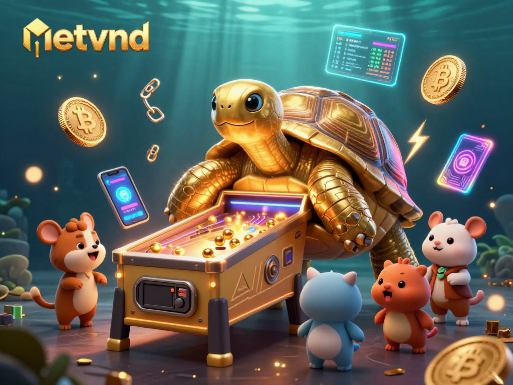 Experience the excitement of netvnd gaming with a lively 3D illustration featuring a tortoise pinball machine surrounded by crypto elements.