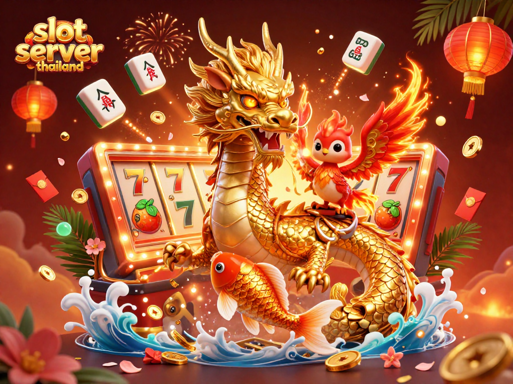 Join the excitement at slot server thailand with vibrant slot reels, lucky charms, and a dragon's magic!