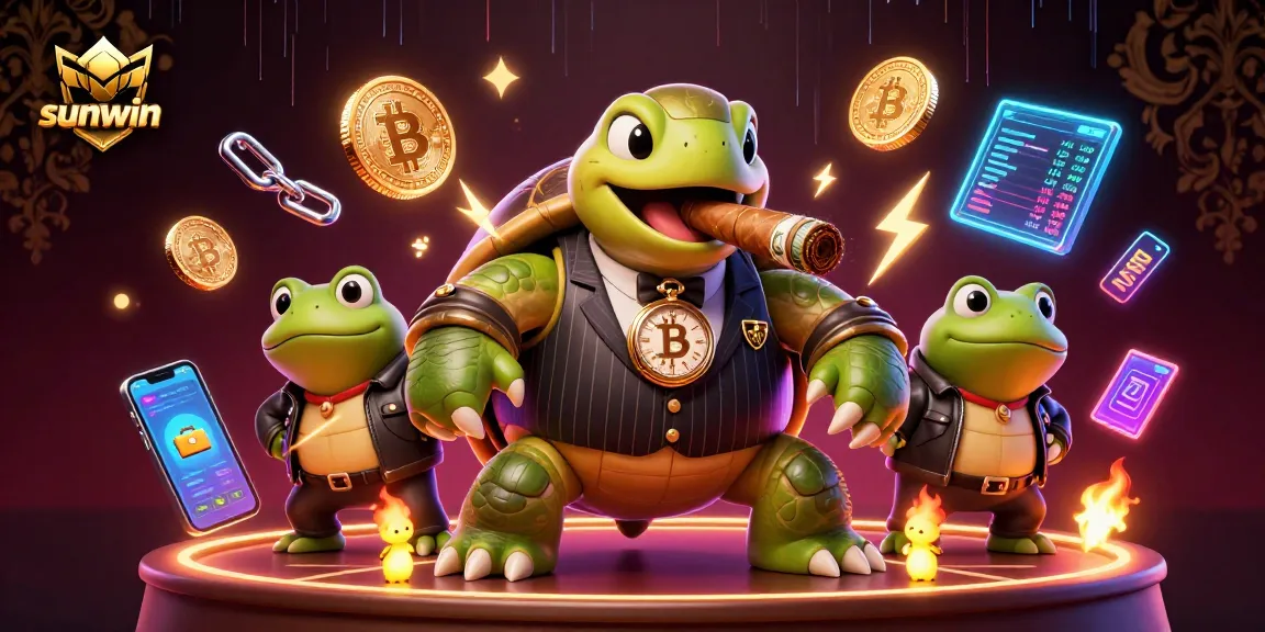sunwin's dynamic 3D illustration showcases a vibrant casino scene with a snapping turtle gangster and bullfrog enforcers.