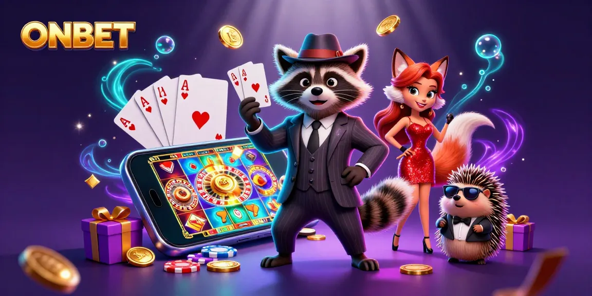 Experience thrilling gameplay with ONBET's lively casino scene featuring a raccoon, fox, and hedgehog.