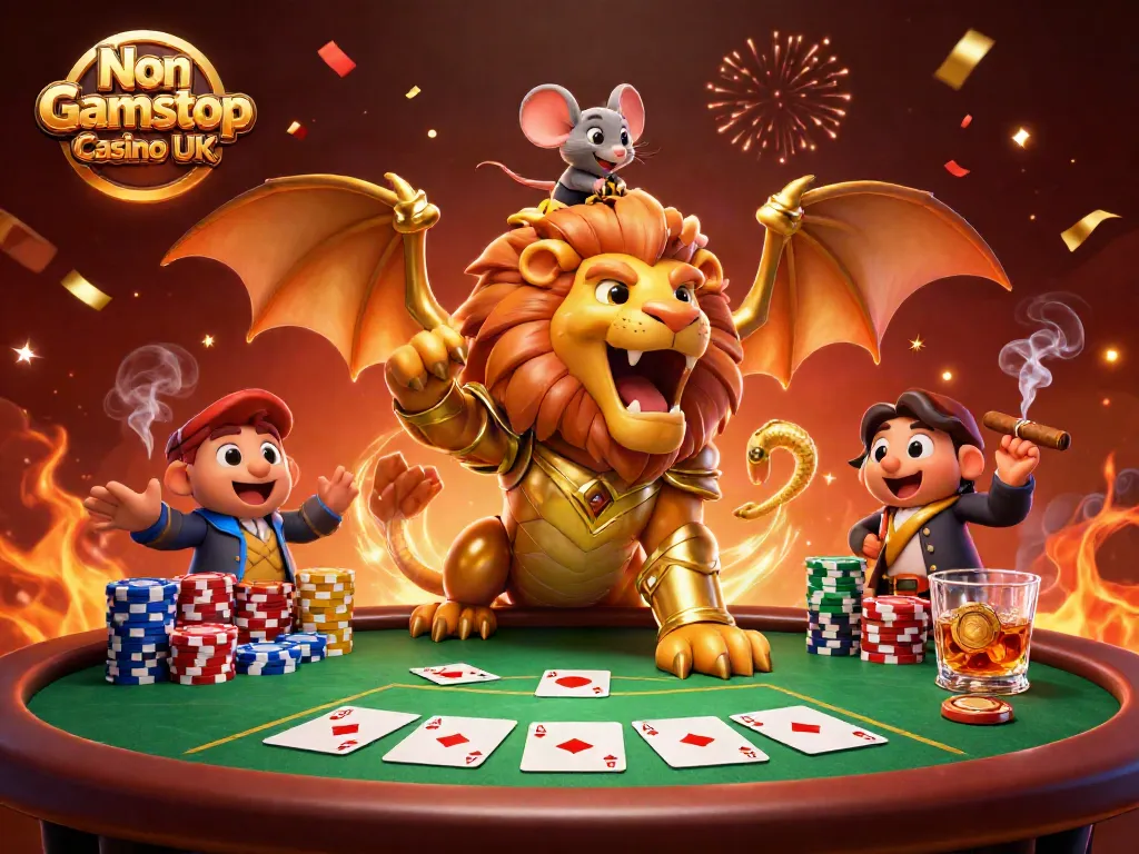 Experience the thrill of Non Gamstop Casino UK with a triumphant chimera and a mouse jockey at a lively poker table.