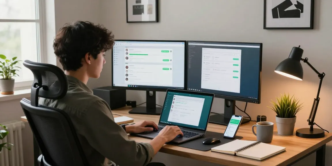 A professional using WhatsApp電腦版 on a modern home office setup with dual monitors and ambient lighting.