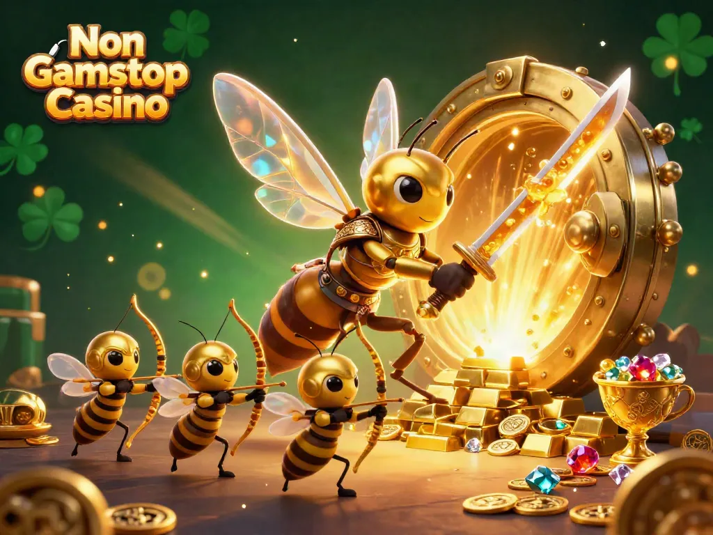 Engage in the vibrant world of the Non Gamstop Casino with a fantastical golden hornet in samurai armor.