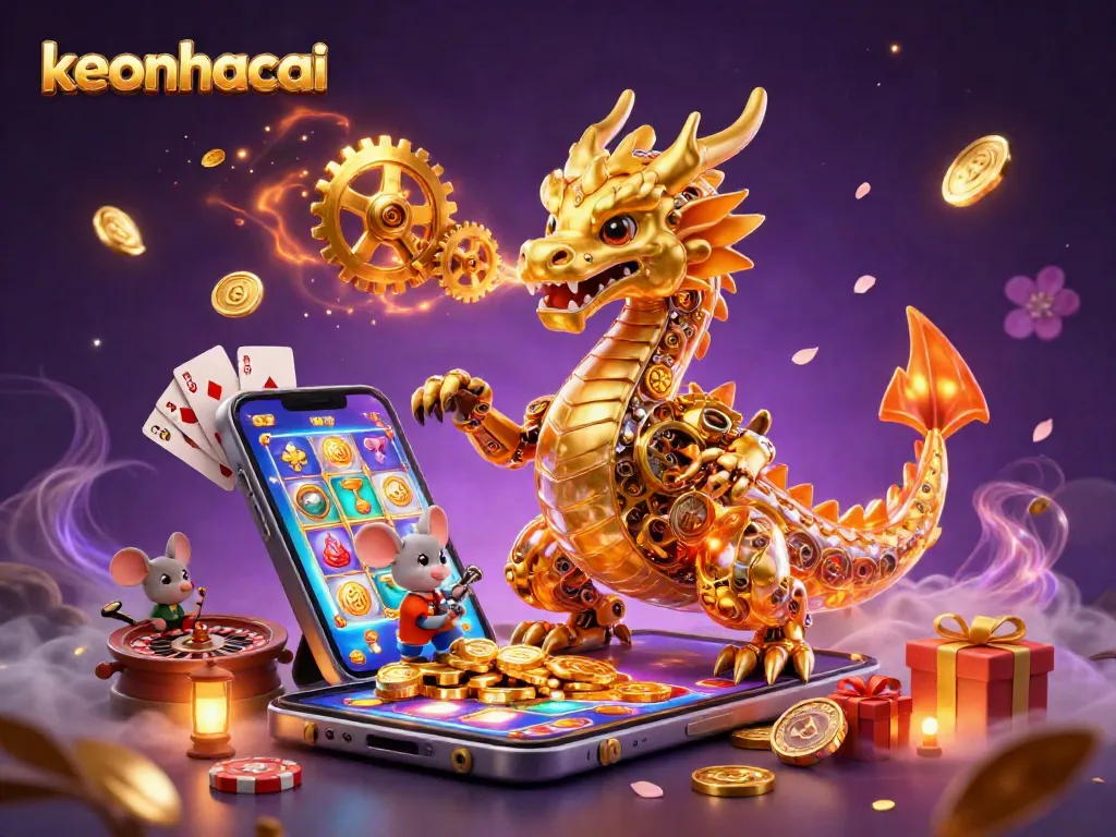 Engage with keonhacai's thrilling gaming experience featuring a golden dragon and dynamic casino elements.