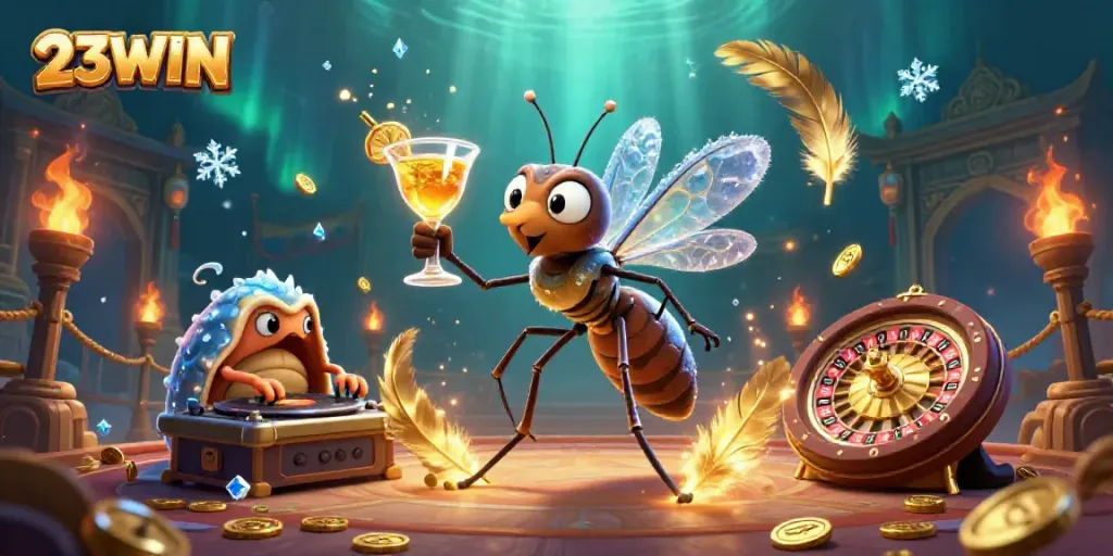 Experience the excitement of 23WIN with a vibrant 3D casino mascot and dynamic gambling elements.