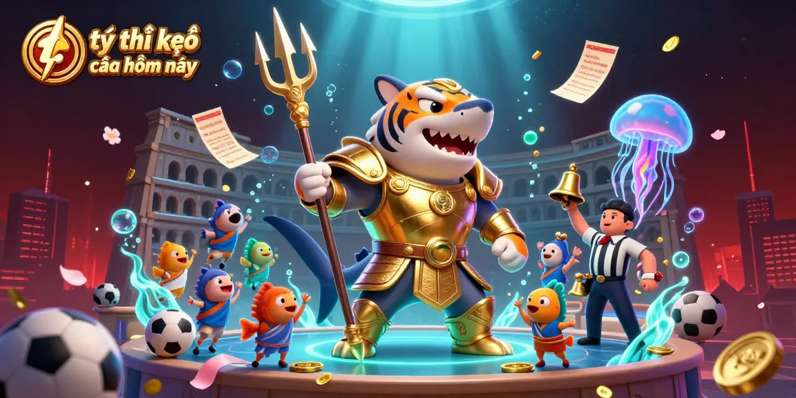 Tỷ lệ kèo nhà cái hôm nay displayed in a vibrant 3D underwater colosseum scene featuring a tiger shark and cheering fish.