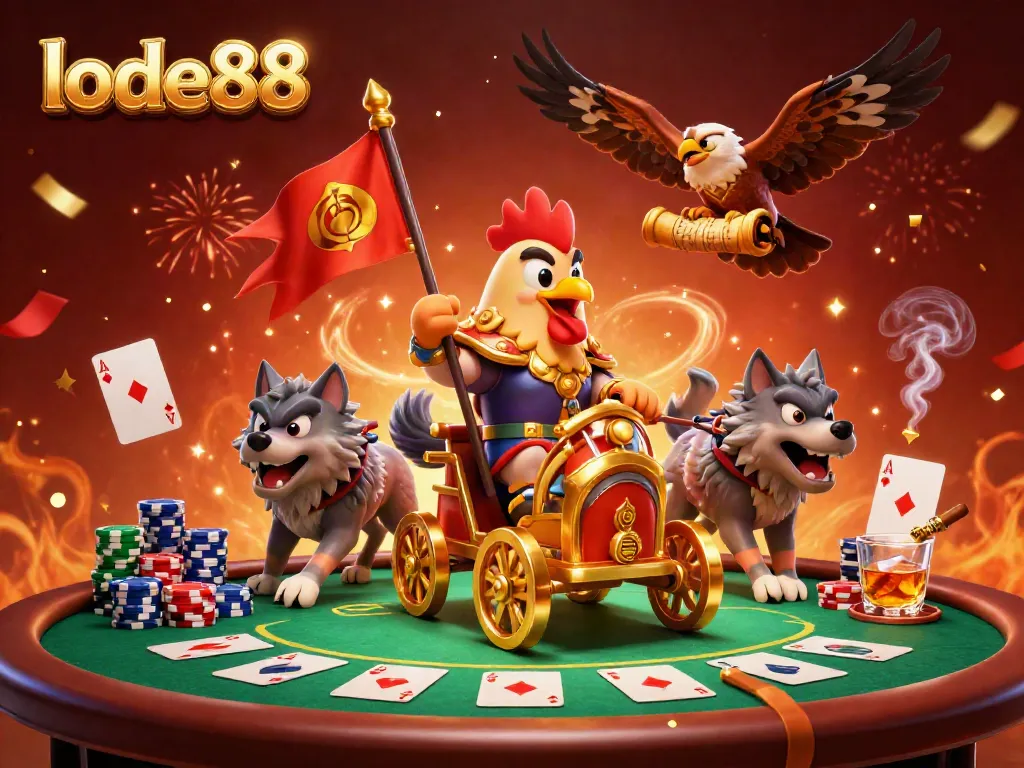 Experience the excitement at lode88 with vibrant 3D casino imagery showcasing a rooster warlord in battle.