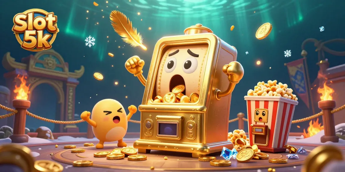Play and win with slot 5k as the golden slot machine celebrates a jackpot with coins flowing freely.