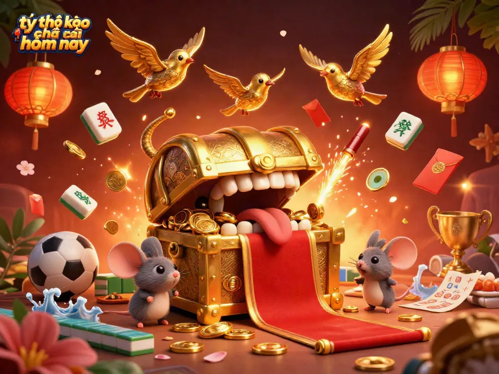 Tỷ lệ kèo nhà cái hôm nay features a vibrant, detailed illustration of adventurous mice drawn to a treasure chest amid sports betting elements.