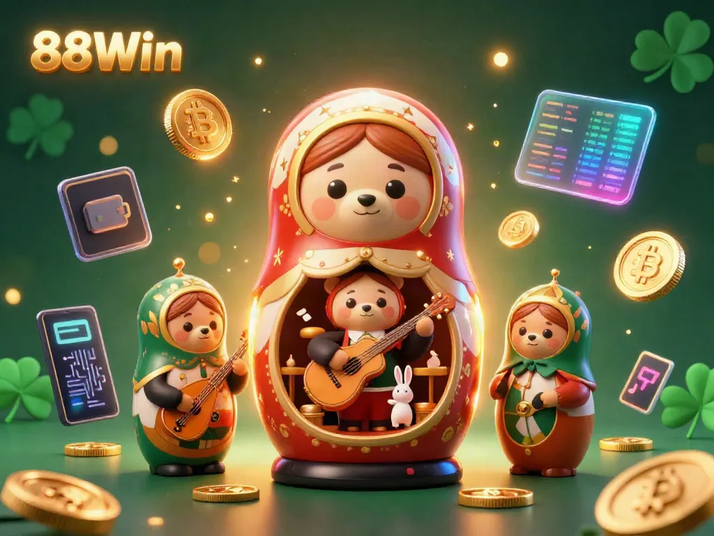 88Win gaming scene with a Matryoshka bear and crypto coins representing online casino thrills.
