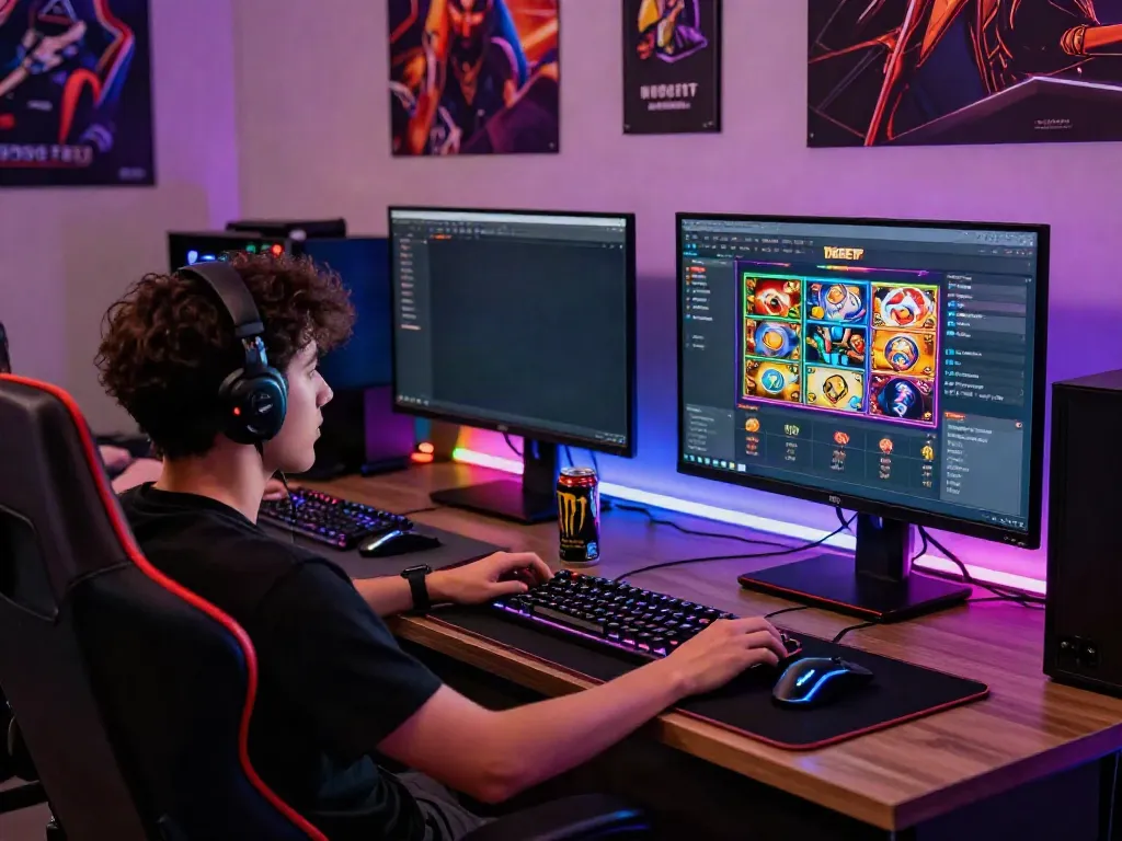 Online gaming setup featuring DEBET's vibrant interface and engaged player.