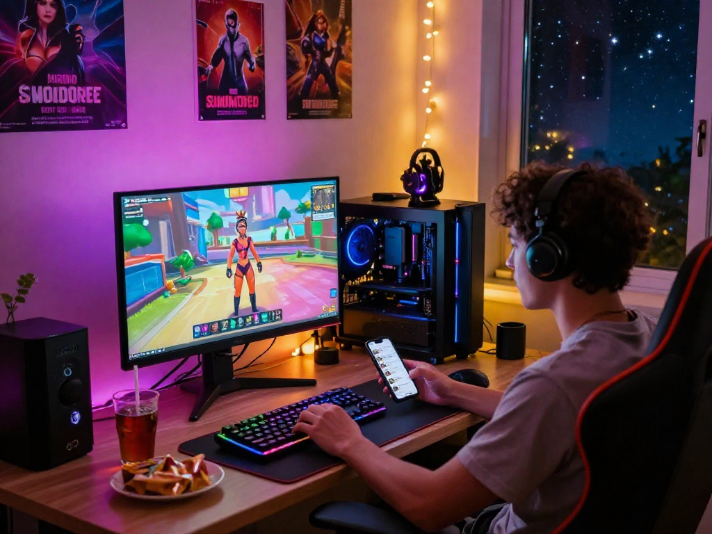 Immersive adult game experience in a cozy gaming setup, featuring a player engaged with a 3D sex simulator.