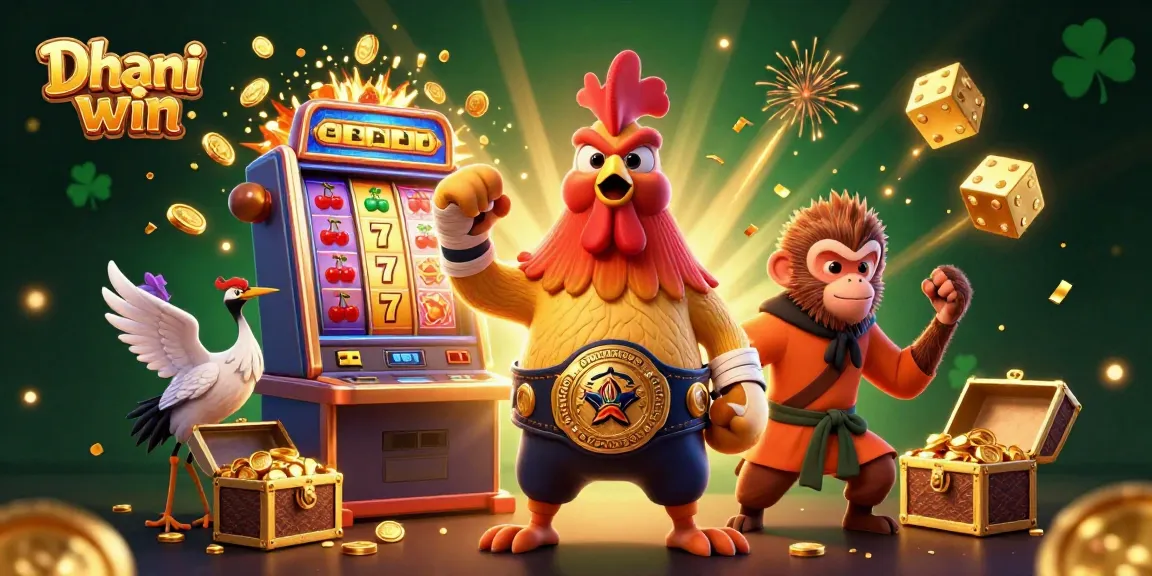 Dhani win online gaming scene showcasing a Muay Thai rooster, Shaolin monkey, and crane master amidst vibrant casino elements.
