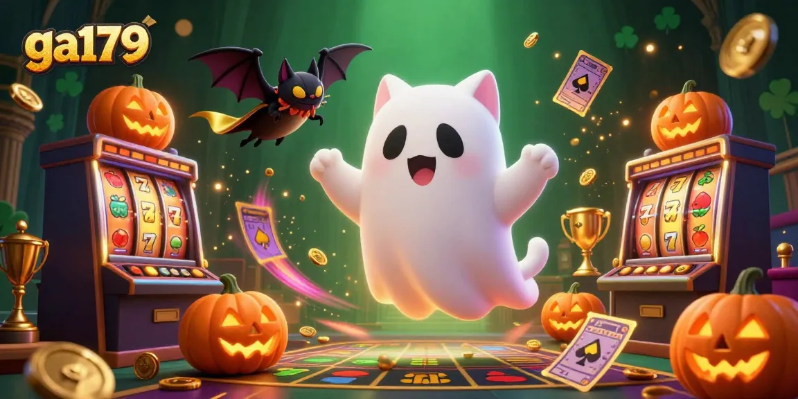 Experience the thrill of ga179 with our ghost cat in a haunted casino scene featuring wild slot reels and glowing jack-o-lanterns.