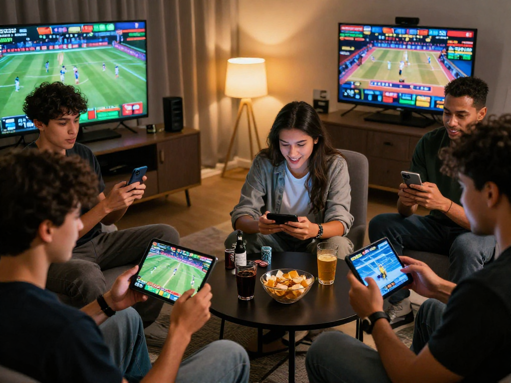 Excited players enjoying online betting with EK333 in a cozy home setting.
