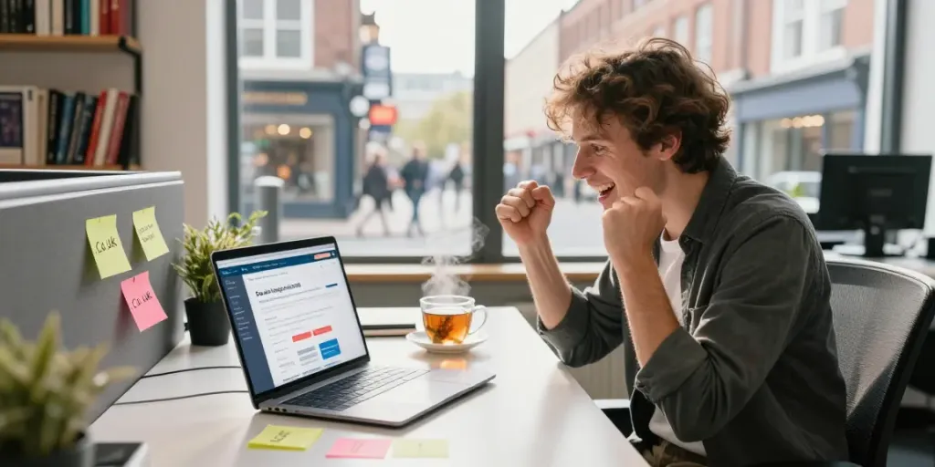 Buy .co.uk domain registration in a modern UK office setting highlighting excitement and determination.