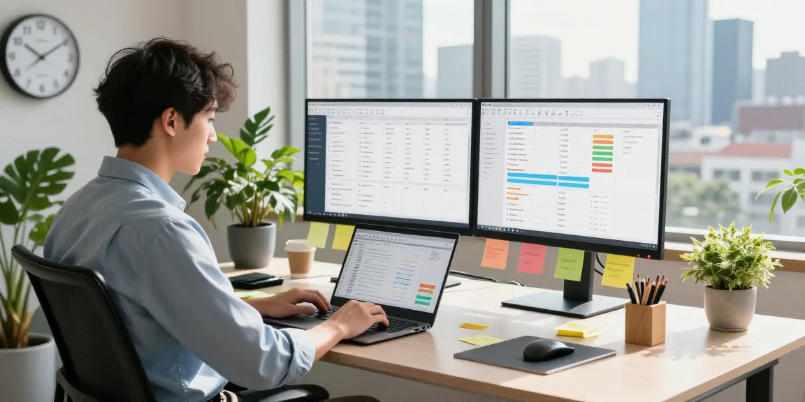 Young professional utilizing AI productivity tools in a modern workspace with dual monitors and a city view.