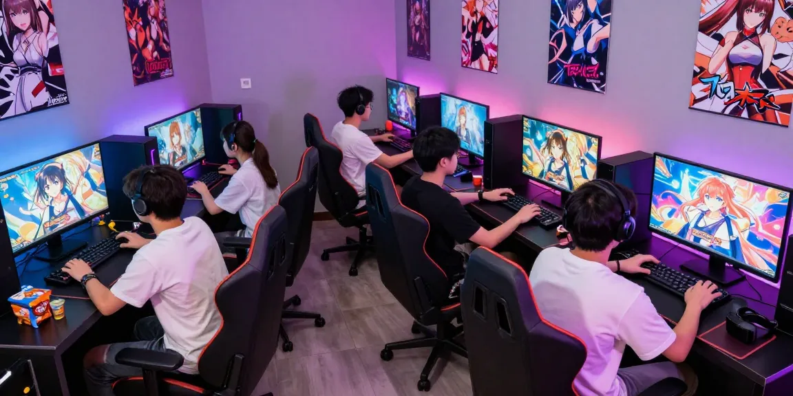 Engaged group playing hentai game in a vibrant digital gaming setup with anime art and interactive displays.