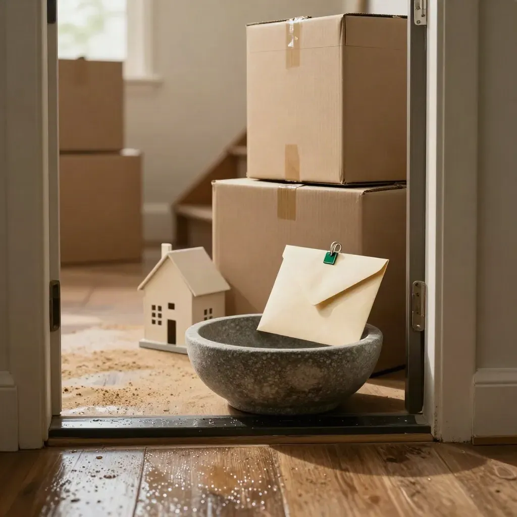 Mortgage essentials by a wet front door: keys, boxes, house model and envelope.