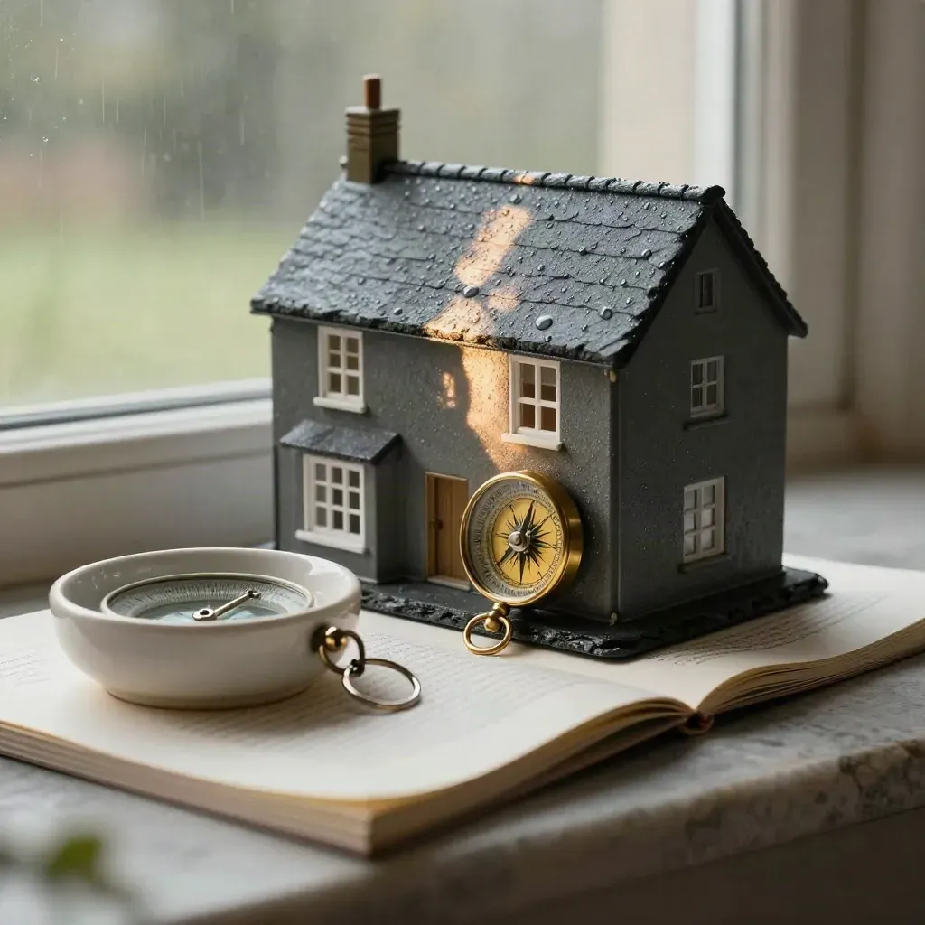 Rainy house model with compass, key bowl and adviser folio on a stone plinth