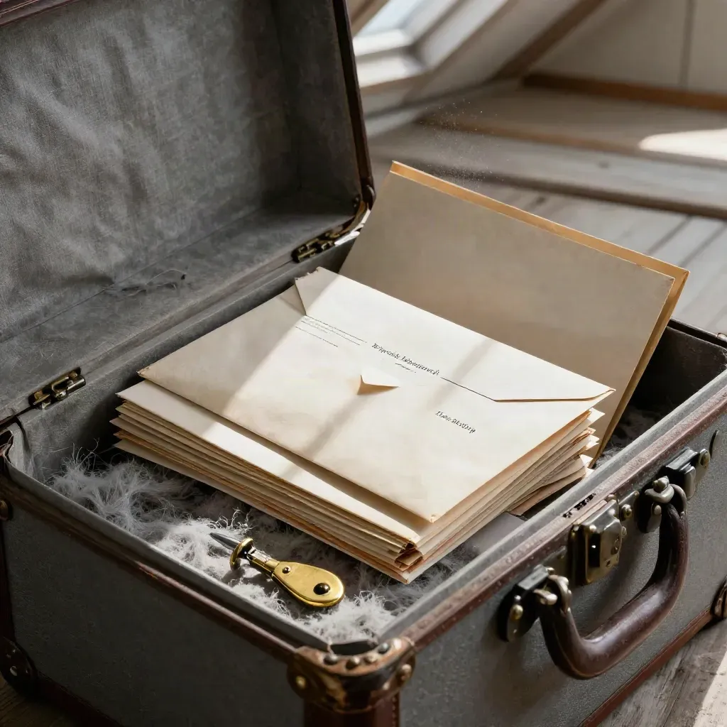 Attic trunk with pension envelopes, brass opener and archive box in a sunlit dust shaft.