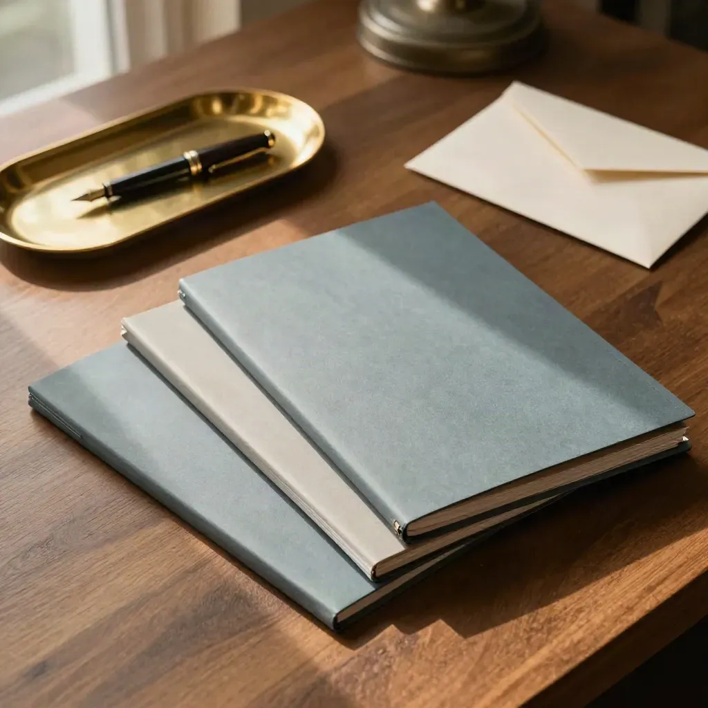 Top-down finance review still life with filing sleeves, pen, tray, envelope and lamp