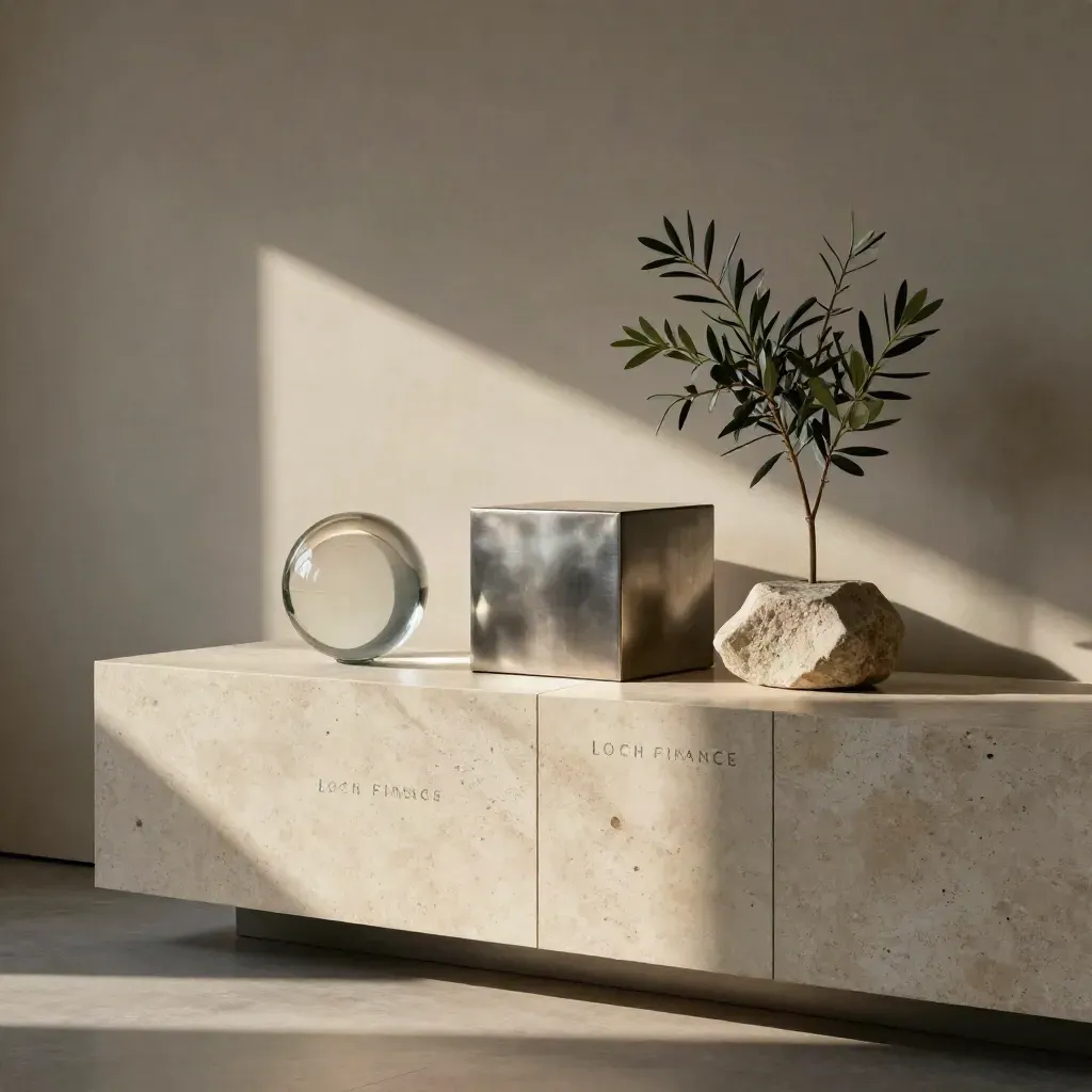 Glass sphere, metal cube, stone block and olive plant on a travertine sideboard in moody light.
