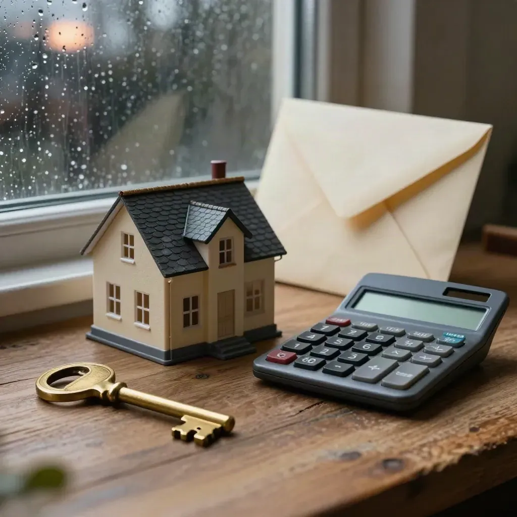 House key, model home, calculator and envelopes by a rain-streaked window at dusk