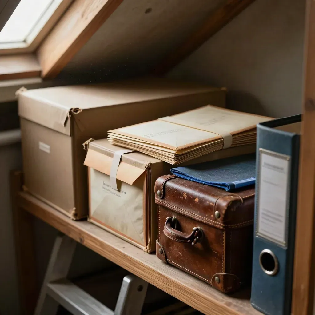 Dusty archive boxes, old employer mail and a small suitcase on an attic shelf in slanting light.