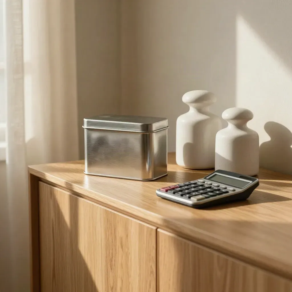 Sideboard still-life with savings tin, ceramic weights, and calculator in soft afternoon light