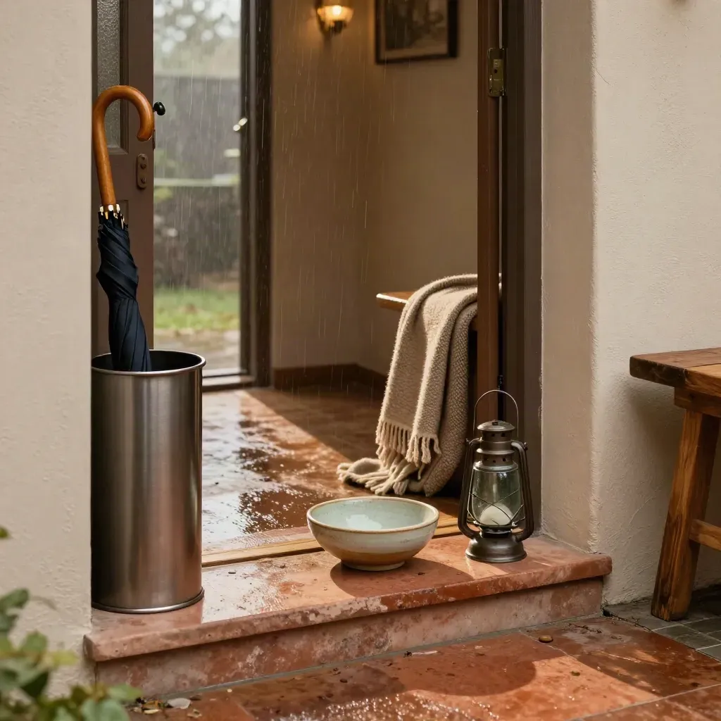 Umbrella stand, key bowl, folded blanket and lantern at a rain-dim front door