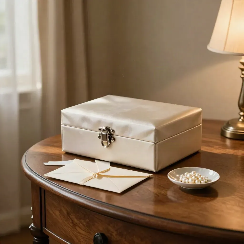Keepsake box, face-down ribbon envelopes, and a pearl dish on a warm side table in soft window light.