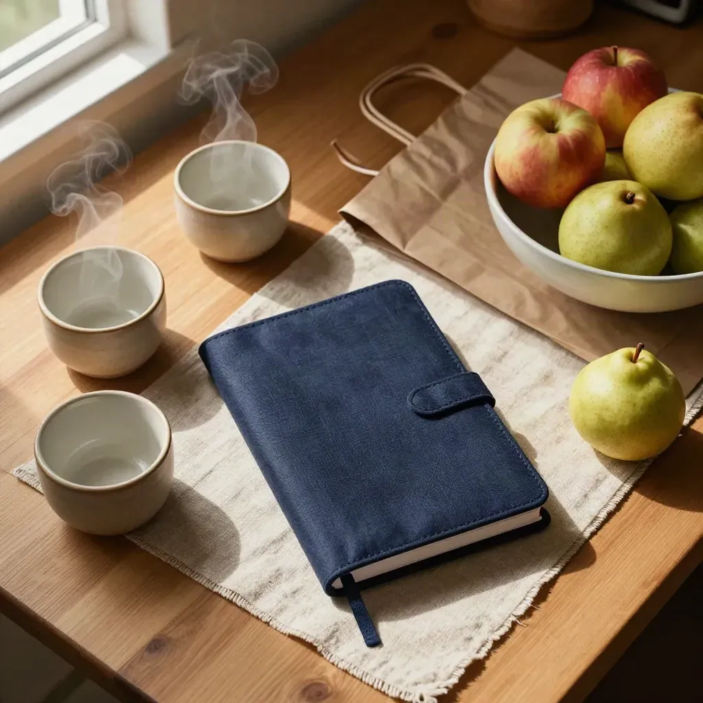 Top-down kitchen still life with closed diary, steaming cups, shopping bag and fruit bowl.