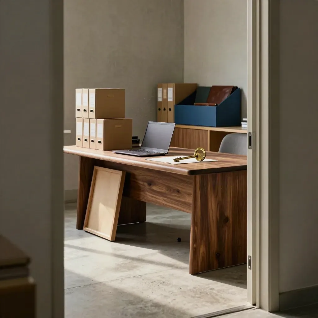 Wide office scene with closed laptop, brass key, empty frame and boxed files in soft backlight.
