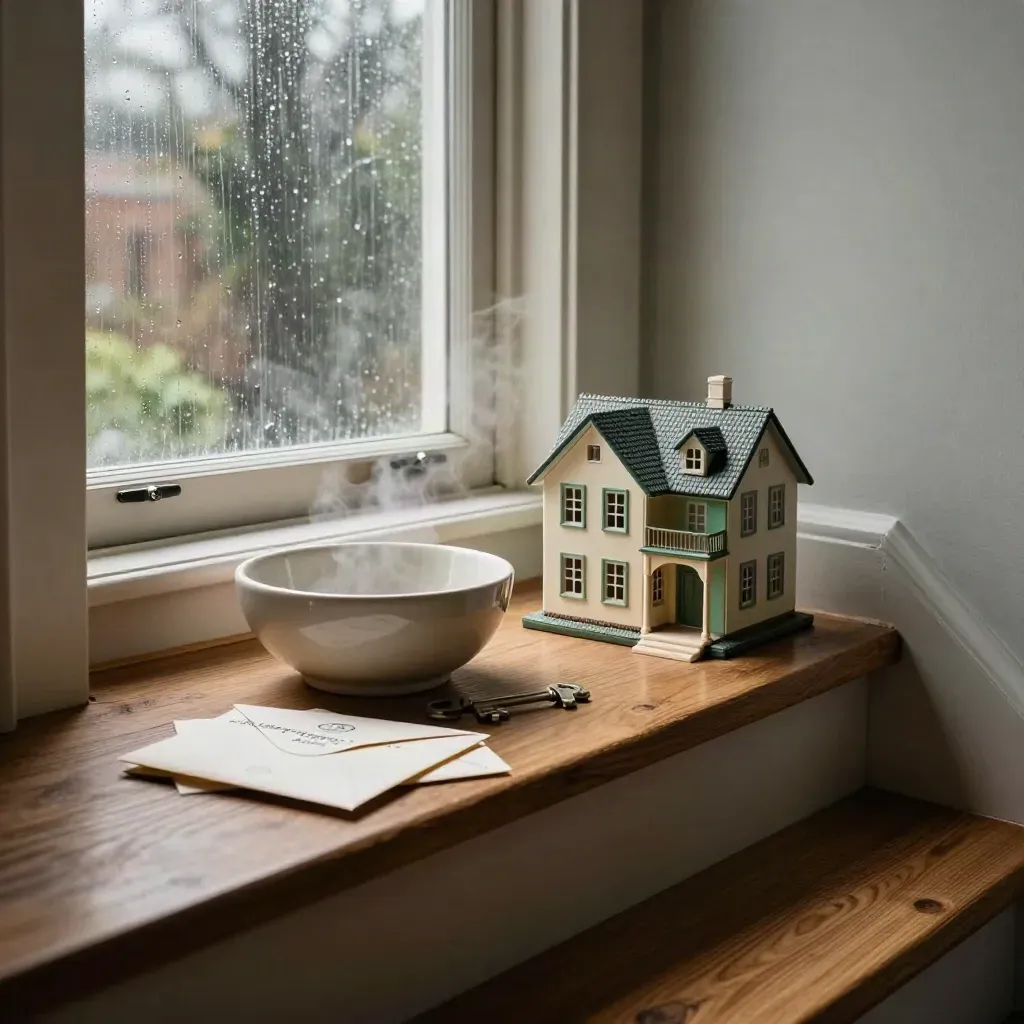 Mortgage review on a stair landing: key bowl, house model, sealed envelopes by a rain-lit window.