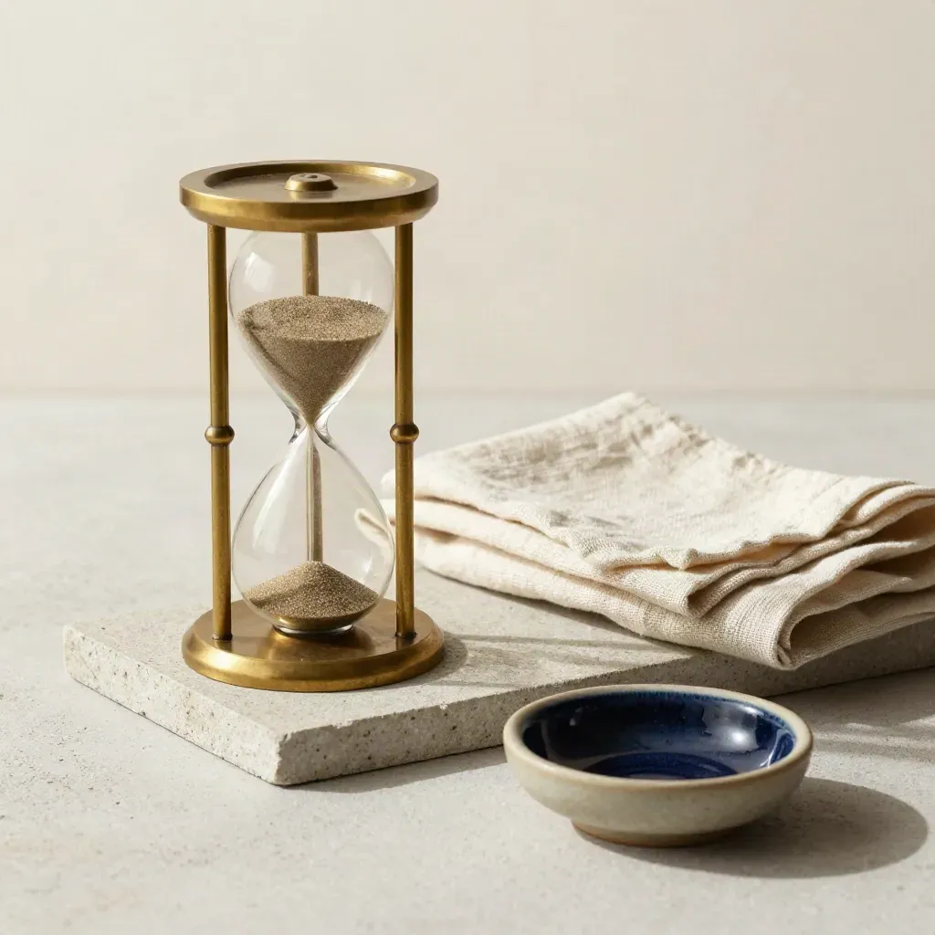 Brass hourglass, linen cloth and ceramic dish on a stone tray