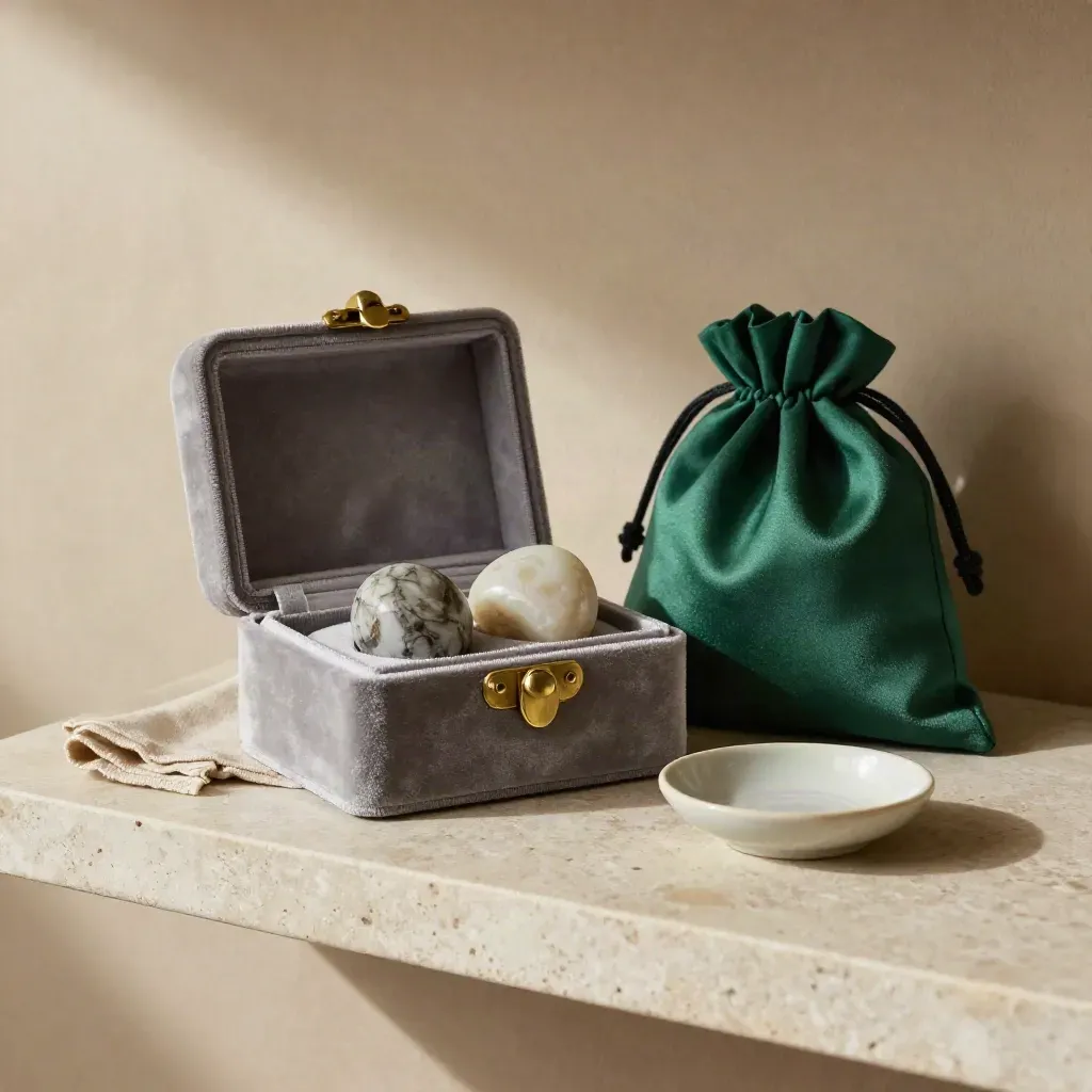 Keepsake box, heirloom stones and emerald pouch on a stone shelf in soft daylight.