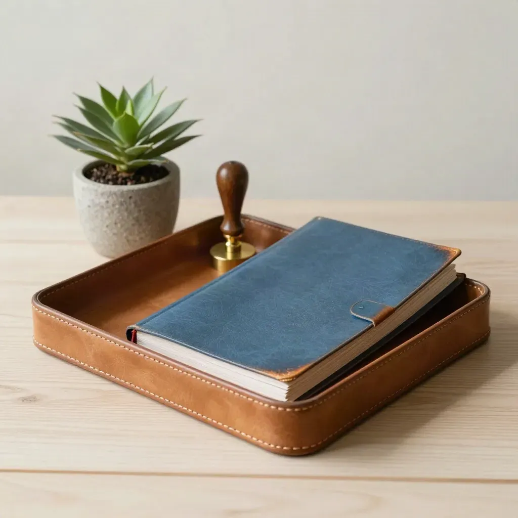 Leather tray, brass stamp, ledger folio, and plant on pale wood in soft daylight.