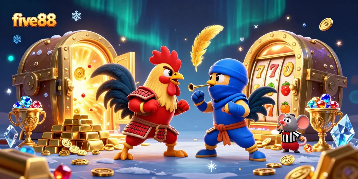 Experience an intense standoff between fighting roosters at five88, capturing the thrill of casino gaming.