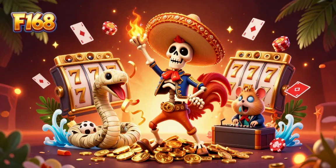 Experience F168's vibrant online gaming scene with a lively 3D casino illustration featuring iconic characters celebrating on golden coins.
