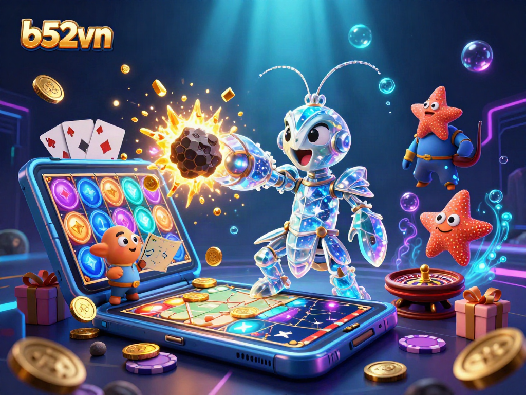 b52vn unlocks the thrill of slot gaming with a vibrant 3D samurai shrimp scene bursting with coins.
