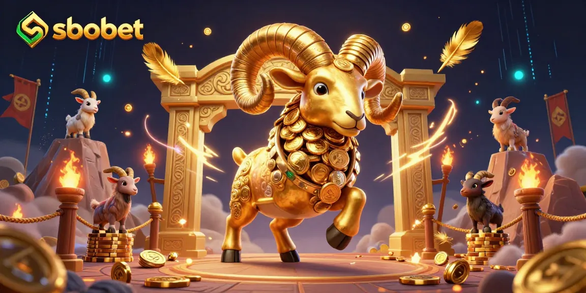 Experience sbobet's thrilling betting atmosphere with a charging golden ram, colorful tokens, and dynamic action.