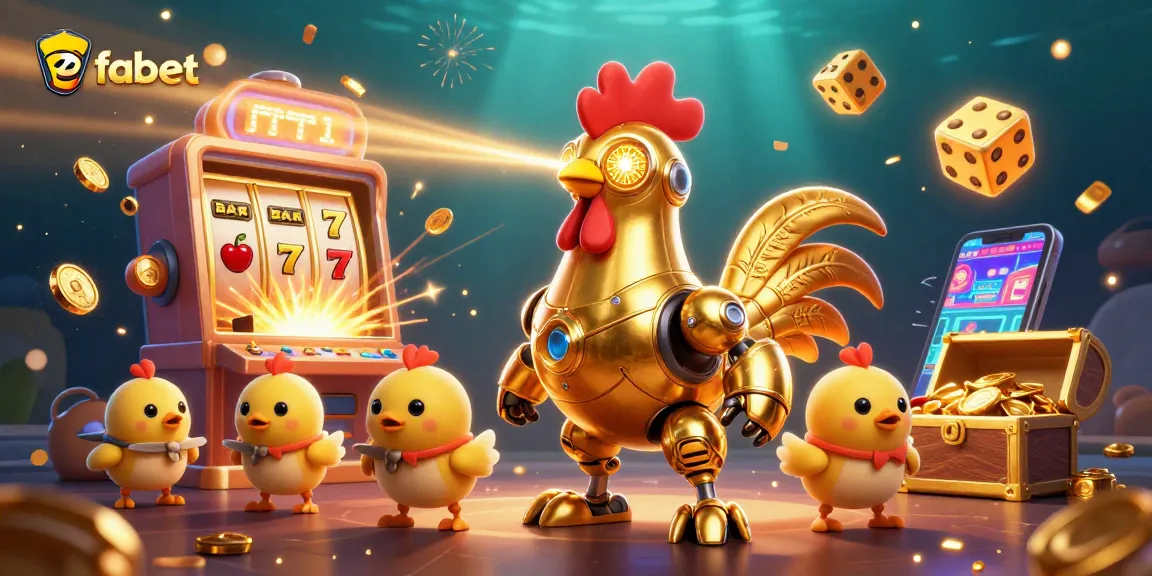 Experience the thrill of fabet as the golden rooster robot launches a casino adventure amidst jackpot symbols and treasures.
