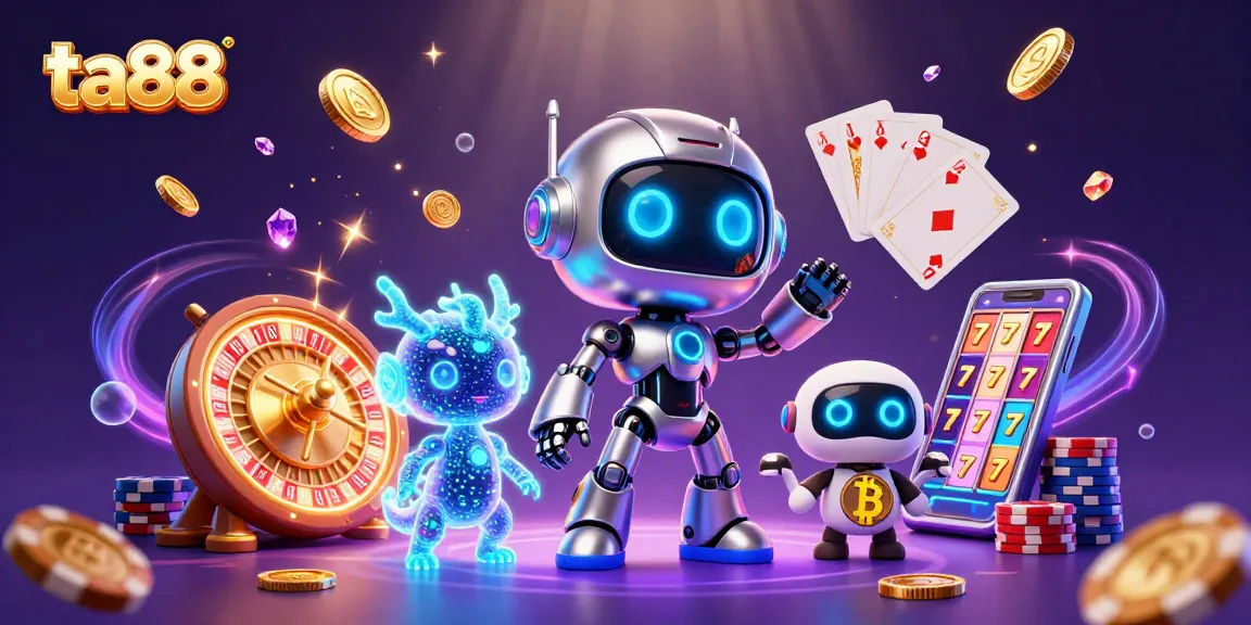 Engage with ta88's casino excitement featuring a robot, holographic dragon, and bitcoin drone.