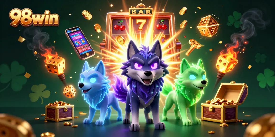Experience thrilling gameplay at 98win with mystical wolf characters and vibrant casino elements.