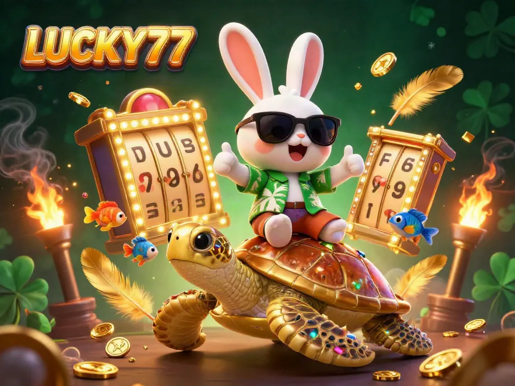 Experience LUCKY77 thrills with an animated lucky rabbit and golden sea turtle amid vibrant slot gaming elements.