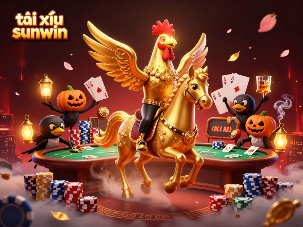 Engaging scene of the golden rooster from tài xỉu sunwin with poker elements, creating a mystical casino atmosphere.